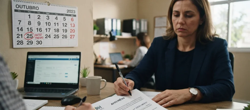 mesa de escritorio com carta de aviso previo sendo assinada e calendario de parede ao fundo