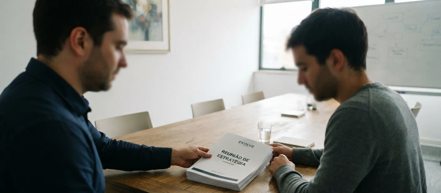 duas pessoas em sala de reuniao entregando documento de aviso previo
