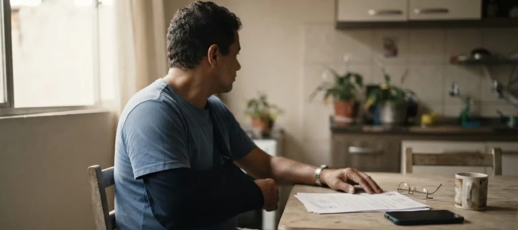 trabalhador com o braço imobilizado revisando atestado de auxílio-doença e acidente de trabalho