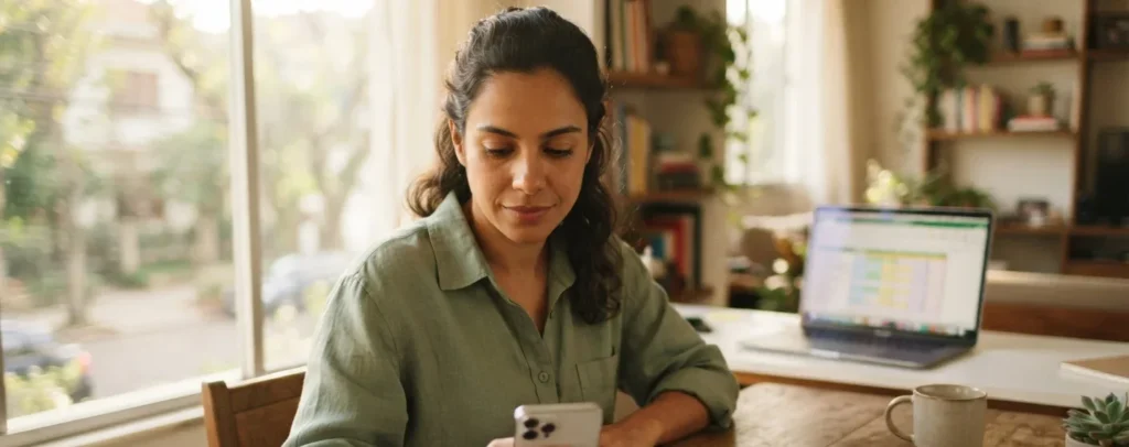 mulher conferindo calculo de rescisao pelo celular com holerite e carteira de trabalho na mesa