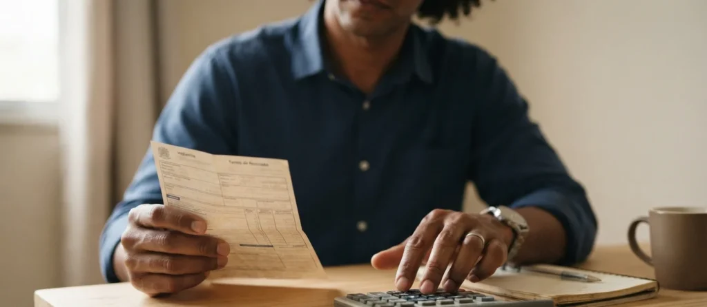 trabalhador calculando o 13º salário proporcional com calculadora e holerite