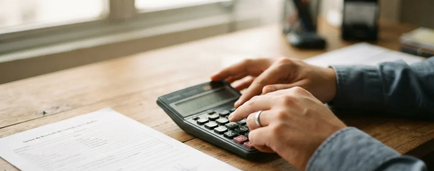 maos digitando em calculadora ao lado de termo de rescisao de contrato