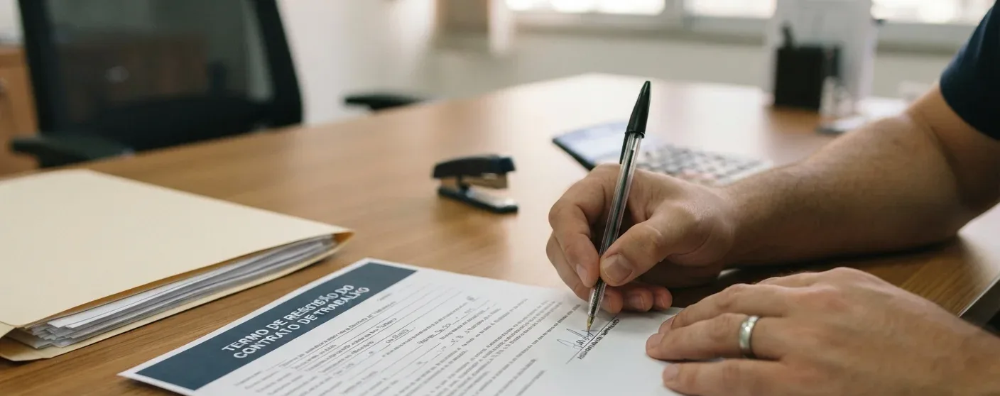 maos assinando termo de rescisao de contrato de trabalho