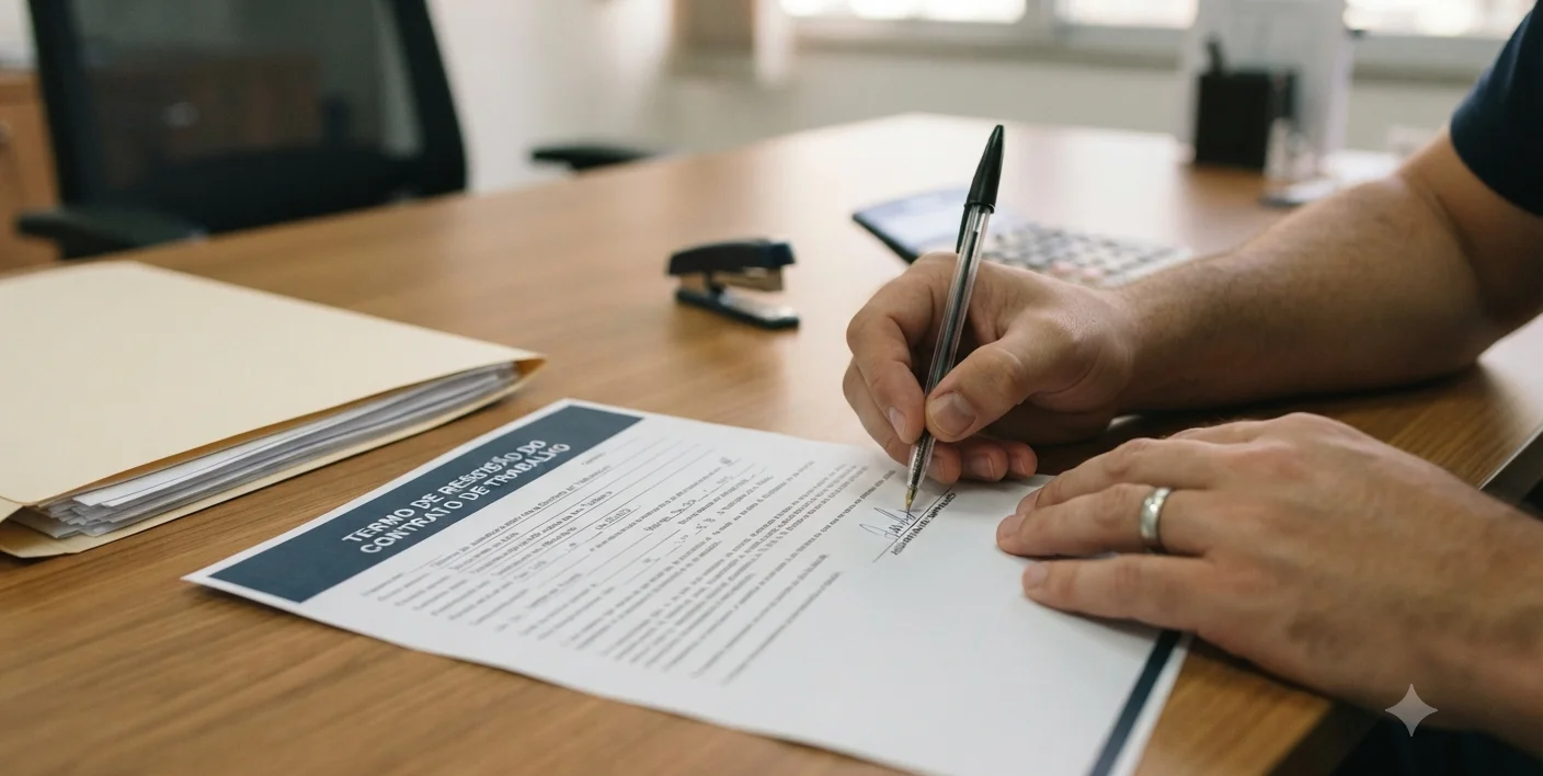 maos assinando termo de rescisao de contrato de trabalho