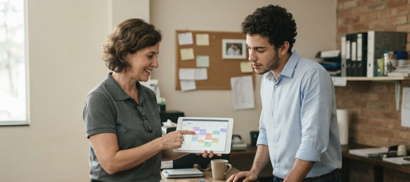 gerente mostrando escala de trabalho intermitente em tablet para funcionário