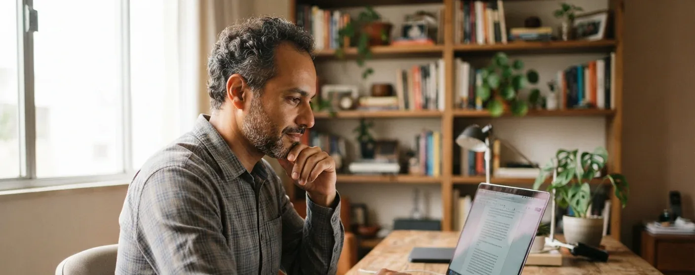 homem pesquisando sobre direitos trabalhistas no laptop em casa