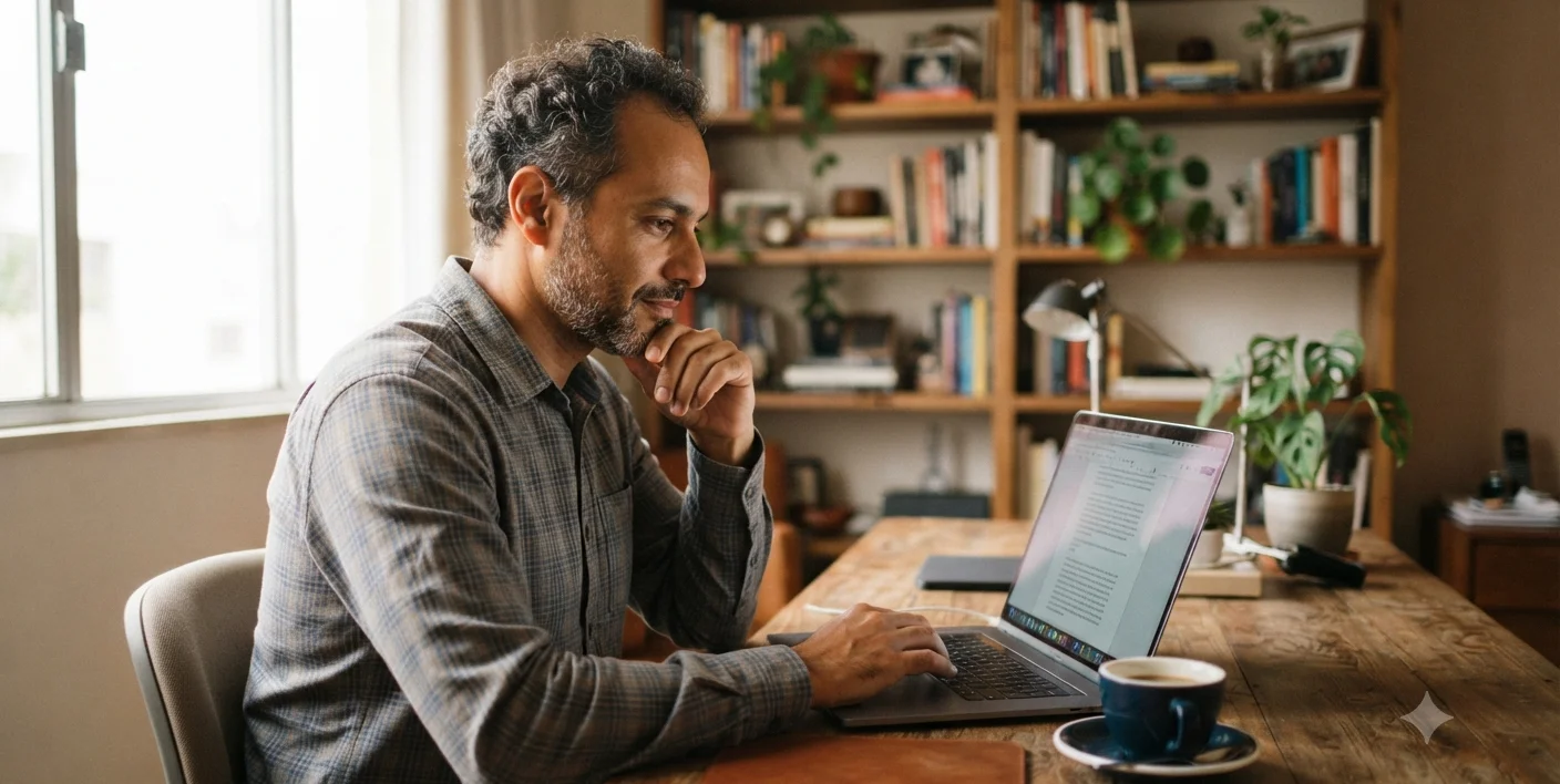 homem pesquisando sobre direitos trabalhistas no laptop em casa