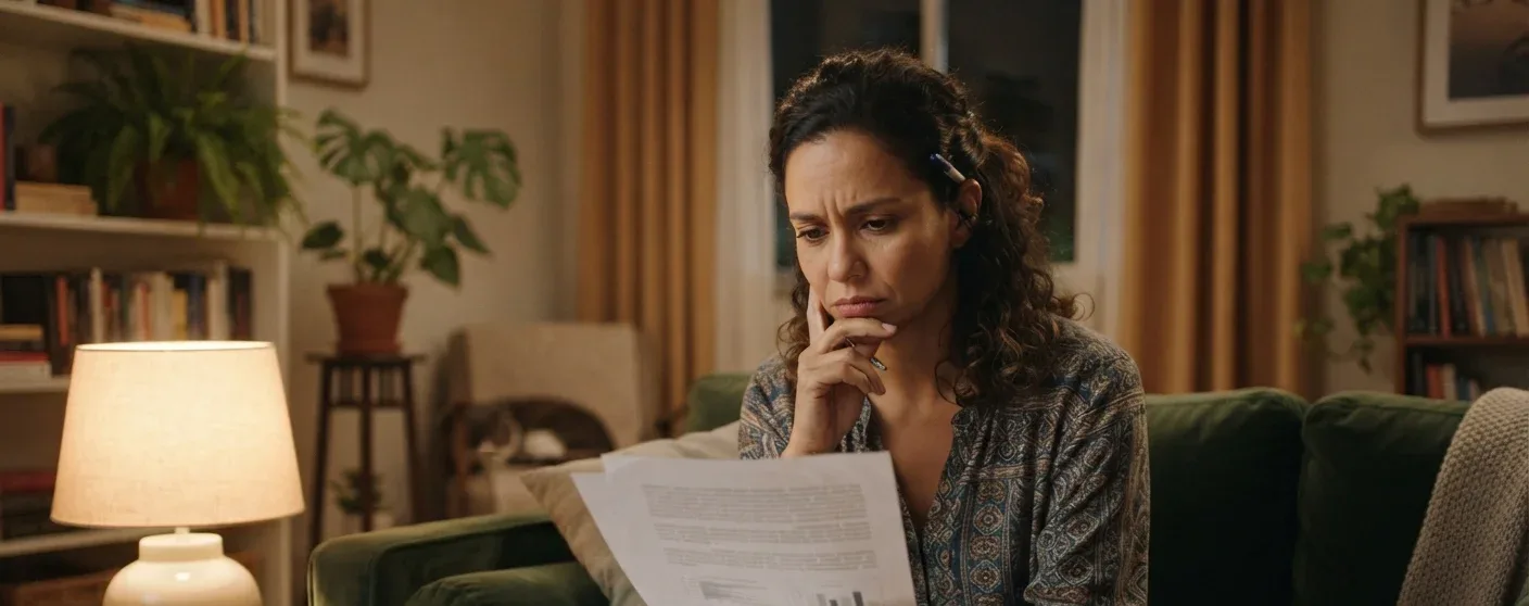 mulher em casa revisando documento com expressao preocupada