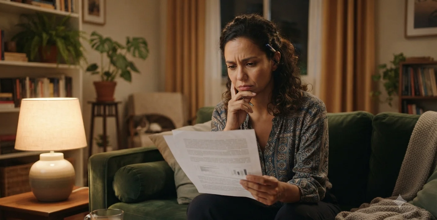 mulher em casa revisando documento com expressao preocupada