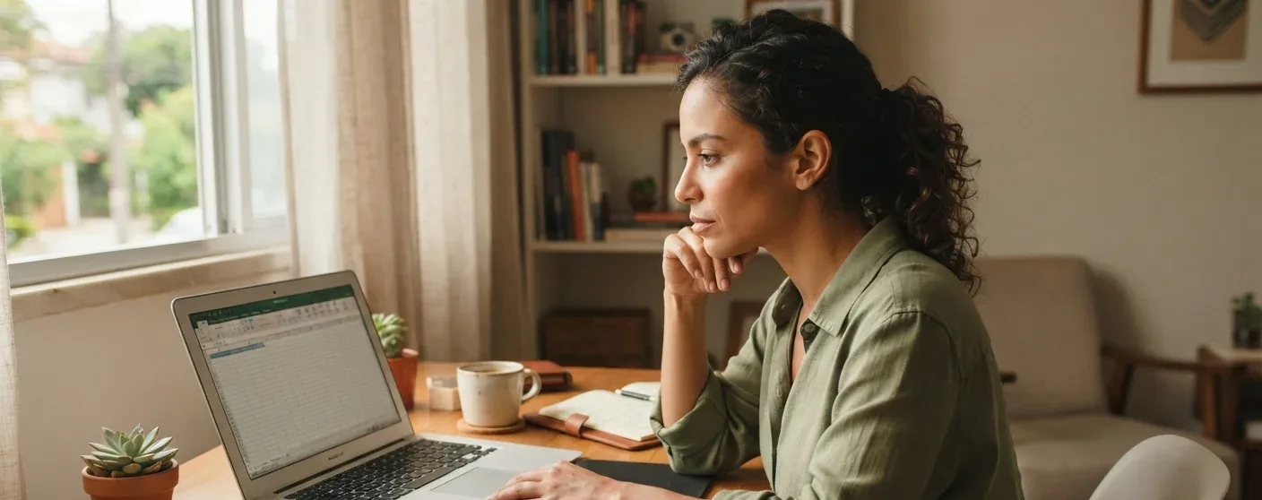 profissional em home office conferindo notas fiscais com calculadora