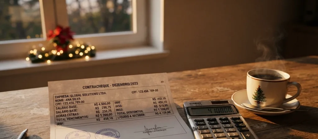 contracheque de decimo terceiro salario sobre mesa de madeira com calculadora e cafe