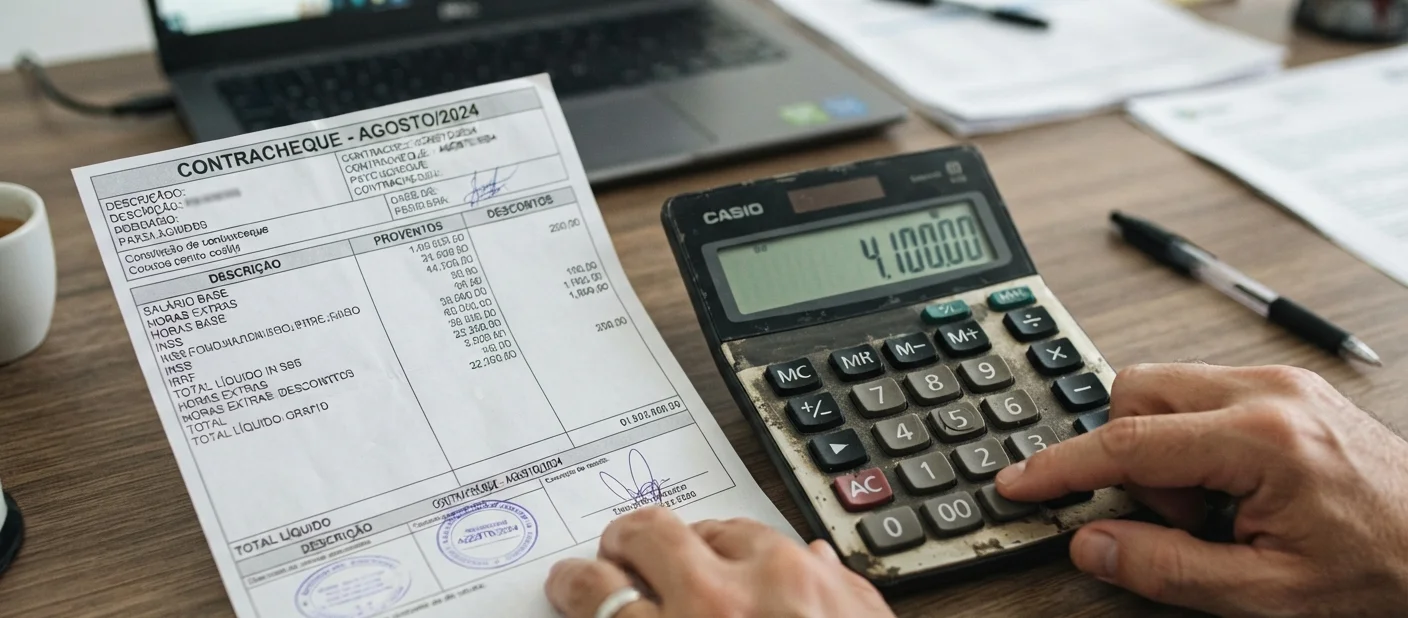 maos calculando valores do decimo terceiro numa calculadora ao lado do contracheque