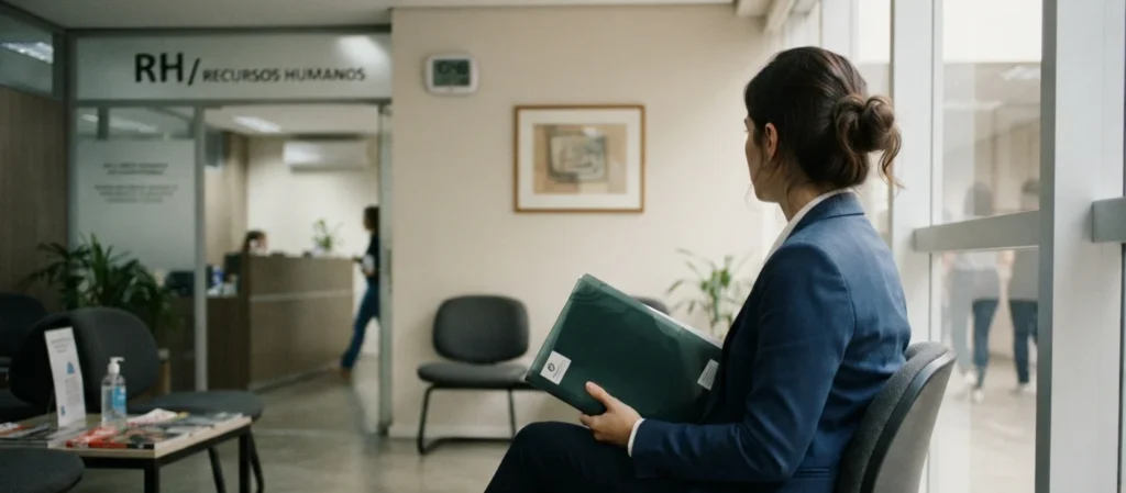 estabilidade no emprego - mulher esperando em sala de RH com pasta de documentos no colo