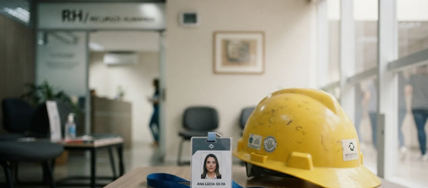 crachá de identificação e capacete de segurança sobre mesa
