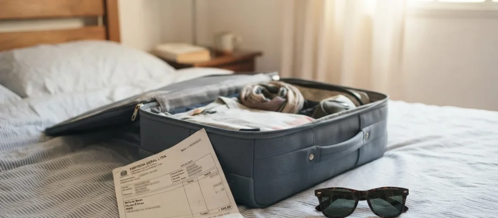 férias CLT - mala de viagem aberta sobre a cama com contracheque e óculos de sol