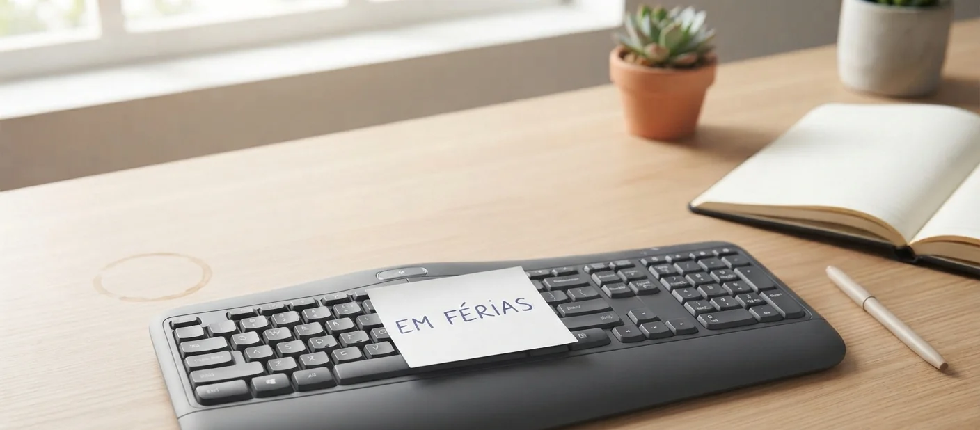 mesa de escritório vazia com aviso de férias sobre o teclado
