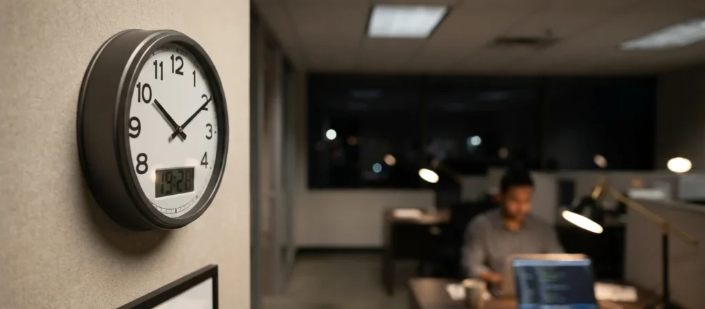 como calcular hora extra - relógio de parede marcando horário noturno com mesa de trabalho ocupada ao fundo