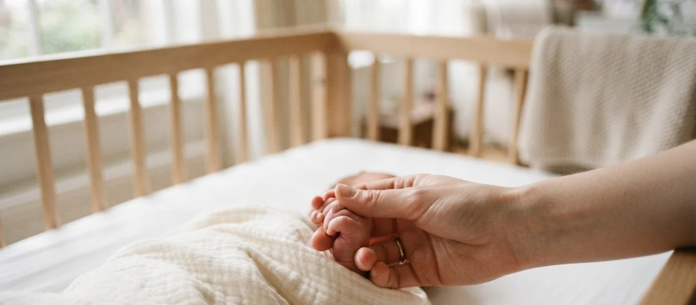 mãos de adulto segurando a mãozinha de um bebê no berço