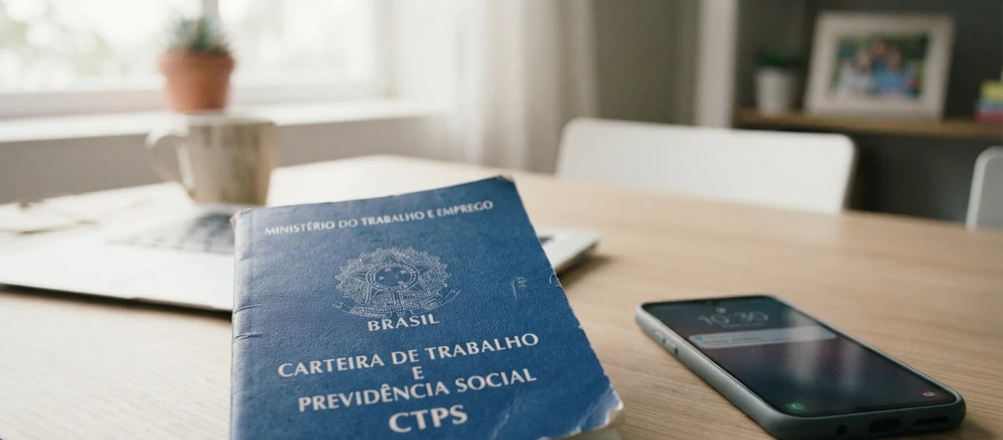 carteira de trabalho física sobre a mesa ao lado do celular