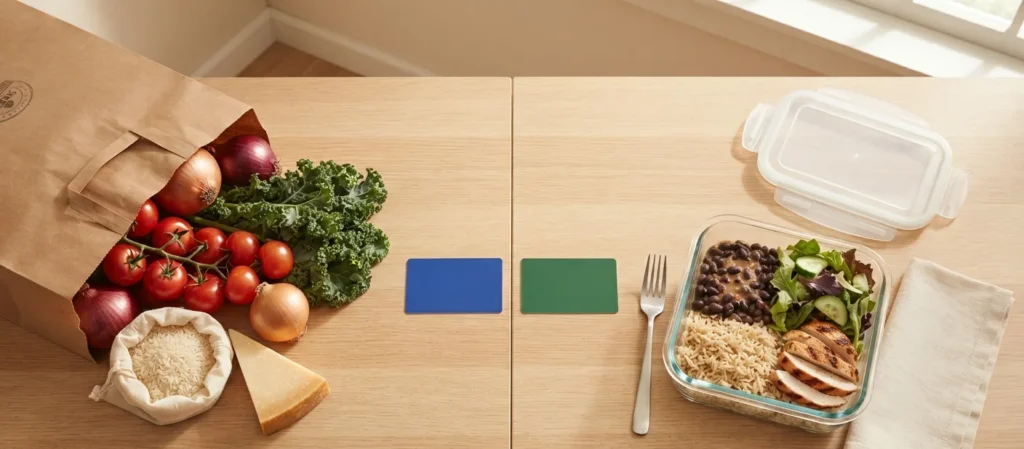 Dois cartões de benefício lado a lado ilustrando a diferença entre vale-alimentação e vale-refeição