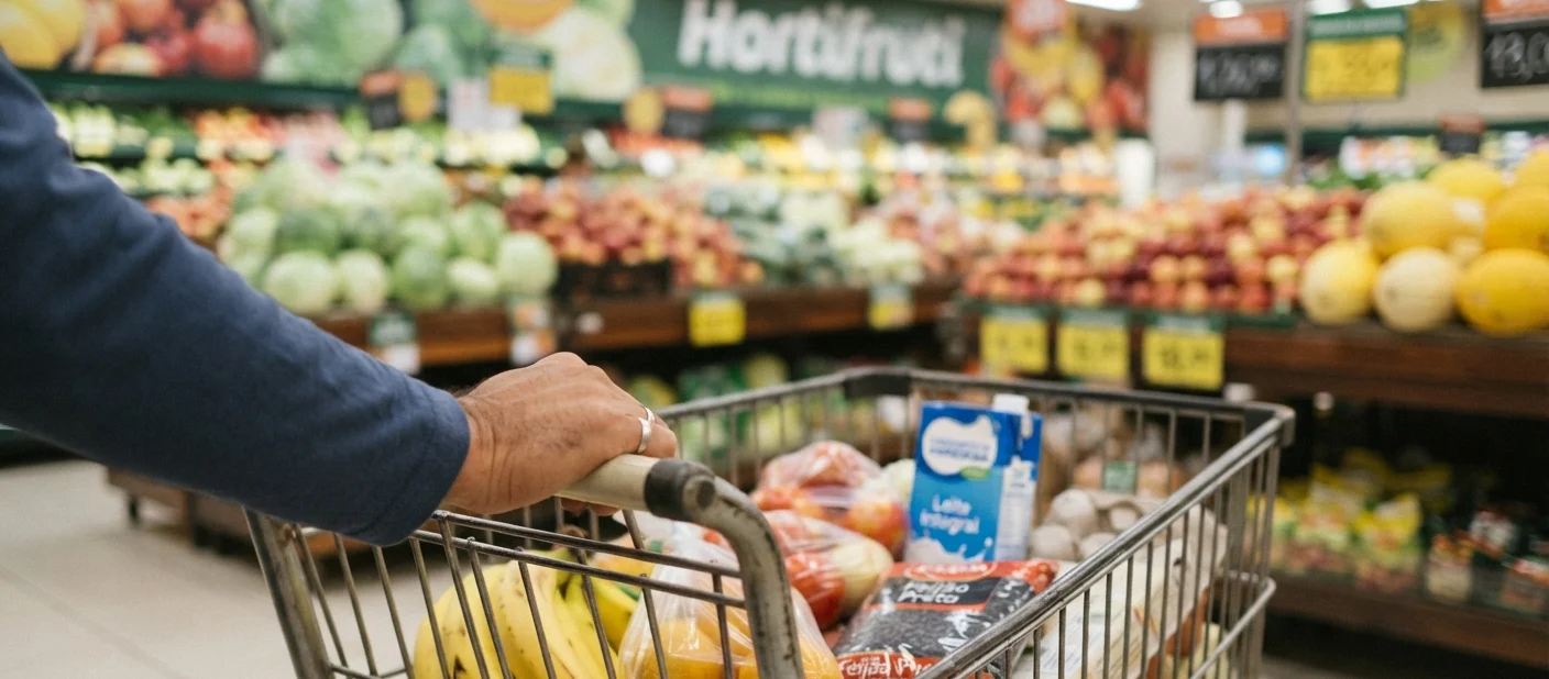 Compras de supermercado representando o uso do vale-alimentação em gêneros alimentícios