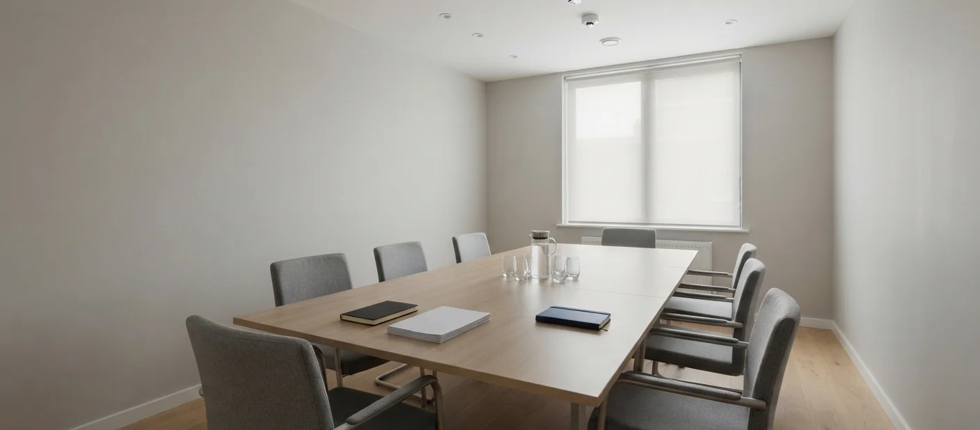 Sala de reunião preparada para a negociação prévia com o sindicato na demissão em massa