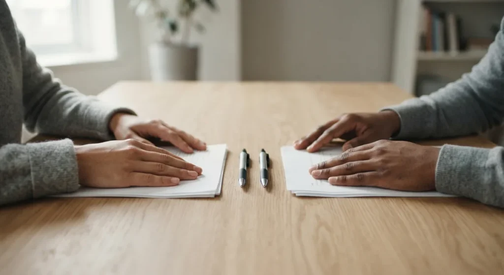 Duas pessoas assinando documentos de rescisão em uma mesa de escritório, representando a demissão por acordo prevista no artigo 484-A da CLT